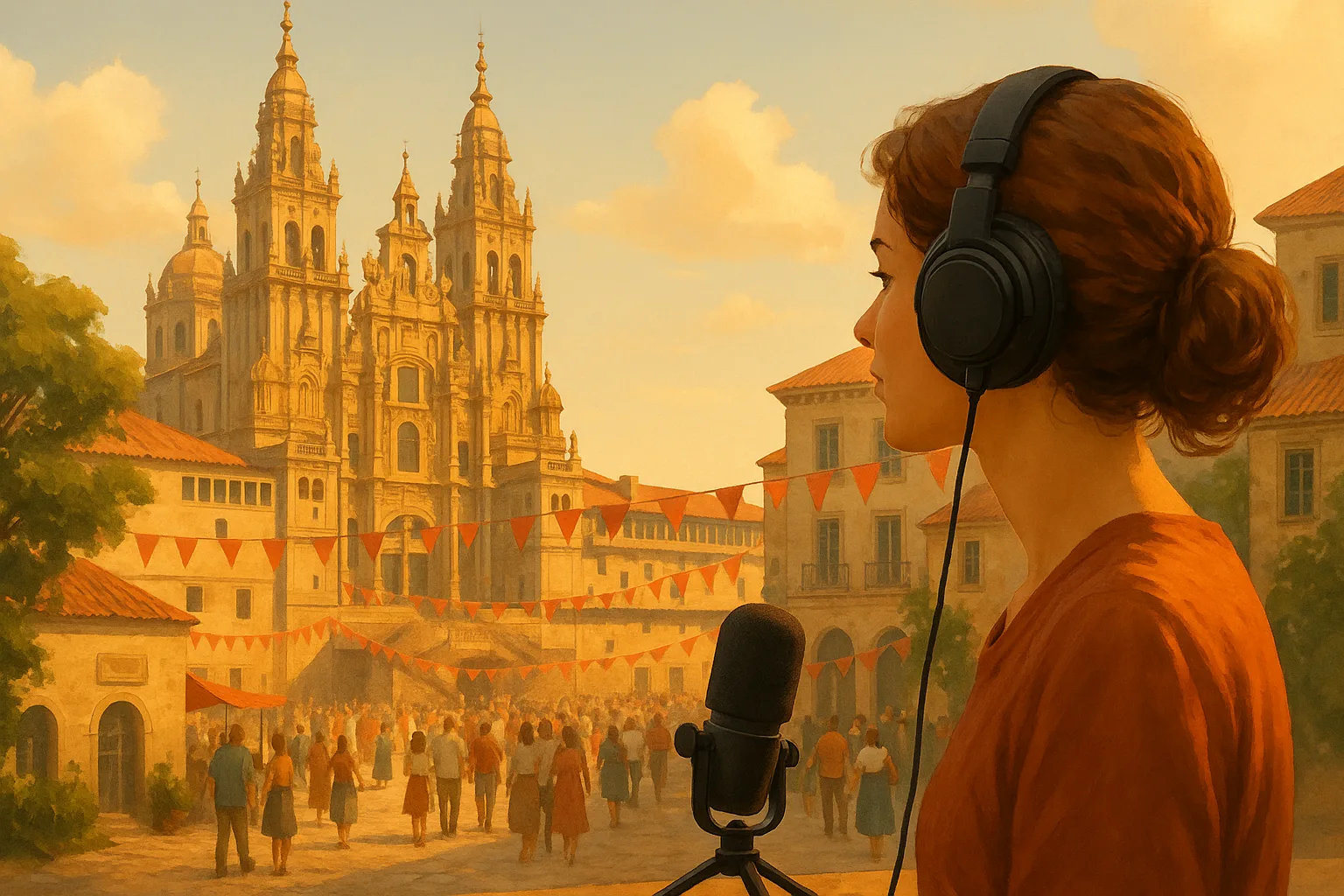 Illustration einer Spanisch Hörverstehen-Übung zum Thema Fiestas de Santiago en España Niveau C1